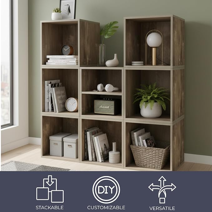 Lavish Home Cube Storage Organizer – Set of 2 Modular Stackable Bookshelf, Customizable Cube Shelf Bookcase, Nightstand or End Table for Living Room, Bedroom, Dorm (Gray Woodgrain)