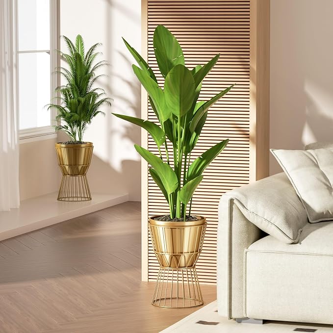 Planter with Stand Gold Metal Plant Pot with Stand - 12 Inch Unique Modern Flower Pots Indoor with Gold Plant Stand with Drainage, 2 Pack