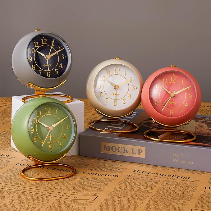rjuwurv Metal Desk Alarm Clock, Retro Bedroom Table Vintage Analog Alarm Clock, Silent Non-Ticking Gold Clock, Bedside Décor(Sinor Gray)