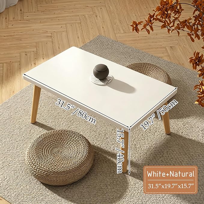 Square Coffee Table Low Table with 4 Solid Wood Sturdy Legs,Floor Table Desk for Sitting on The Floor,19.7"D x 31.5"W x 16"H Inches,Living Room/Toy room Furniture,Rental house Furniture (White-Square)