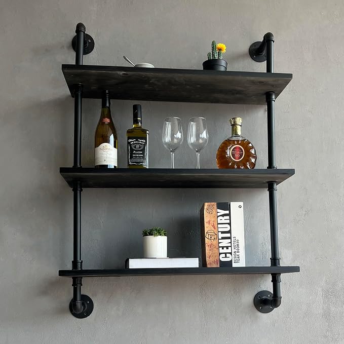 HDDFER Industrial Pipe Shelf Shelving Bookcase, Wall Mounted Rustic Bookshelf, Floating Bookshelves for Wall,Retro Wood Metal Pipe Industrial Shelves for Living Room