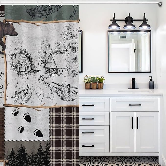 Rustic Cabin Vintage Bear Shower Curtain Country Lodge Deer Mountain Forest Farmhouse Waterproof Shower Curtains for Bathroom Decor 12 Pack Hooks 66x72in（168x183cm）