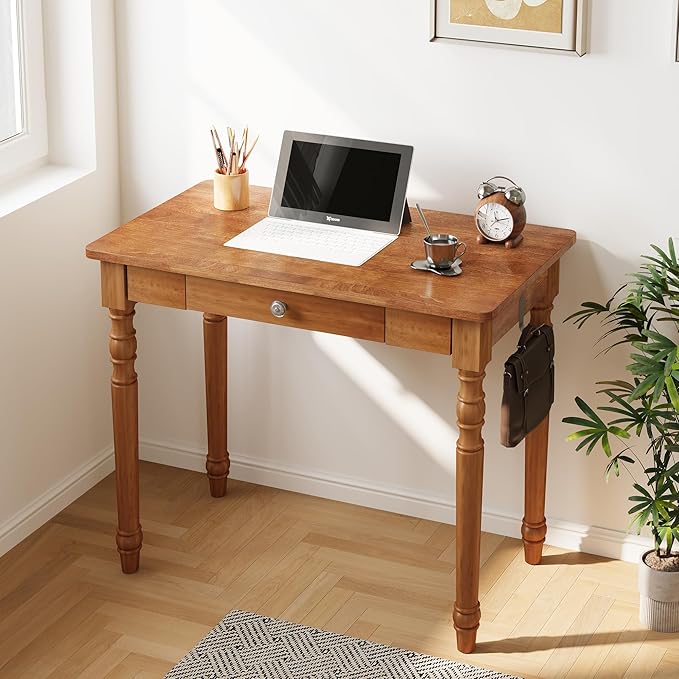 Vintage Solid Wood Writing Desk - 31.5" Mid Century Modern Desk with Drawer, Small Wooden Computer Desks for Home Office, Secretary Desks, Traditional Vanity Dressing Table for Bedroom, Walnut