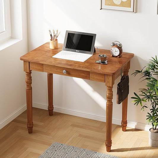 Vintage Solid Wood Writing Desk - 31.5" Mid Century Modern Desk with Drawer, Small Wooden Computer Desks for Home Office, Secretary Desks, Traditional Vanity Dressing Table for Bedroom, Walnut