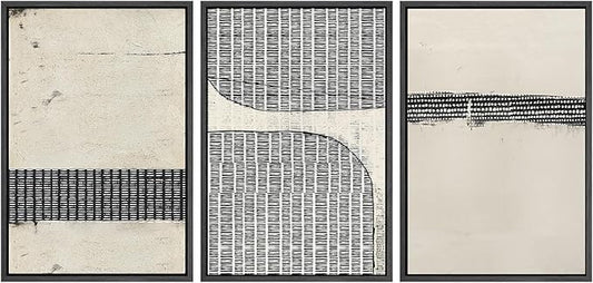 SIGNWIN Framed Canvas Print Wall Art Set Black Tan Grunge Grid Polygon Pattern Abstract Shapes Cozy Neutral Decorative Contemporary Minimal for Living Room, Bedroom, Office - 16"x24"x3 Black