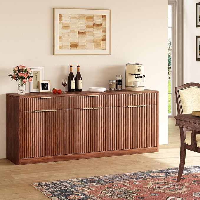 Evermagin 67" Fluted Walnut Sideboard Buffet Cabinet with 3 Drawers, Modern Credenza with Storage, Console Coffee Bar Cabinet for Kitchen, Living Room and Entryway (67" W x 31.5" H x 15.7" D)