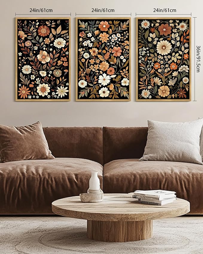 KUVIOKE Orange Vintage Flower Framed Wall Art Boho Floral Wall Decor Retro Wildflower Modern Art Prints for Living Room Bedroom 24x36in (Natural Framed)