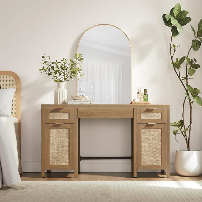 SICOTAS 52" Rattan Home Office Desk with 3 Drawers: Boho Executive Desk with 2 Storage Cabinets, Large Computer Writing Table for Study, Office, Living Room