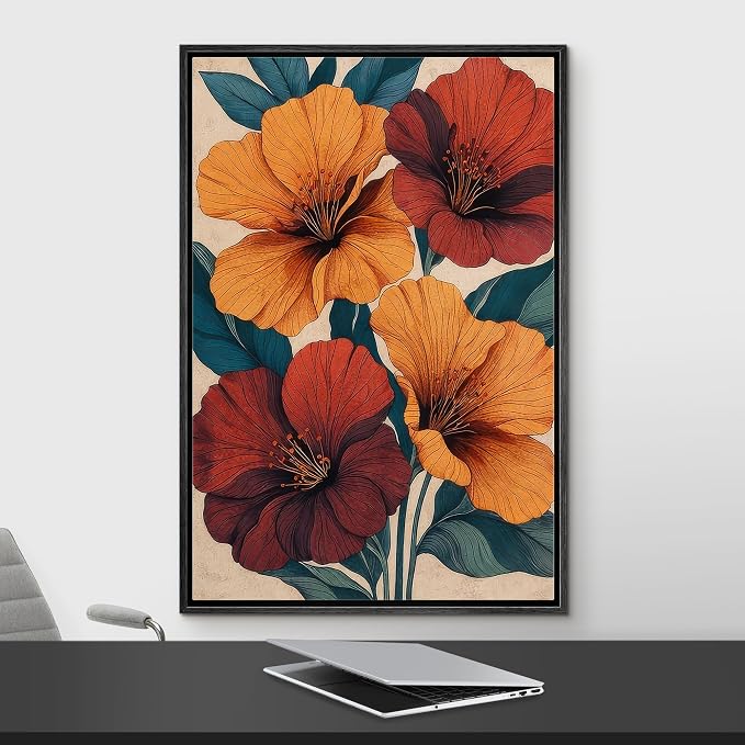 Woodrose Framed Canvas Print Wall Art Vibrant Hibiscus Floral Botanical Illustrations Modern Art Minimalist 3D Colorful Ultra for Living Room, Bedroom, Office - 16"x24" BLACK
