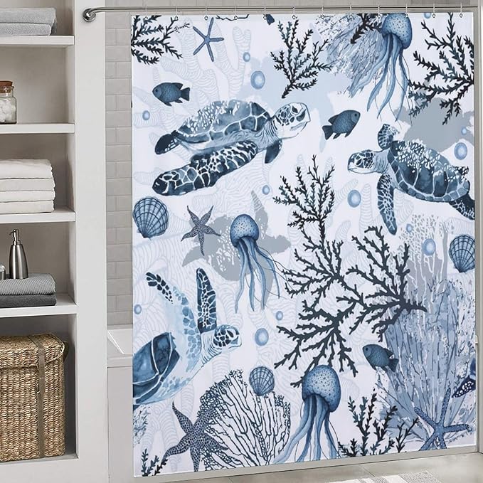 Sea Turtle Shower Curtain,Summer Blue Beach Nautical Ocean Starfish Seashell Animal Theme Bathroom Curtain Waterproof Fabric Machine Washable with Hooks,72x72Inch