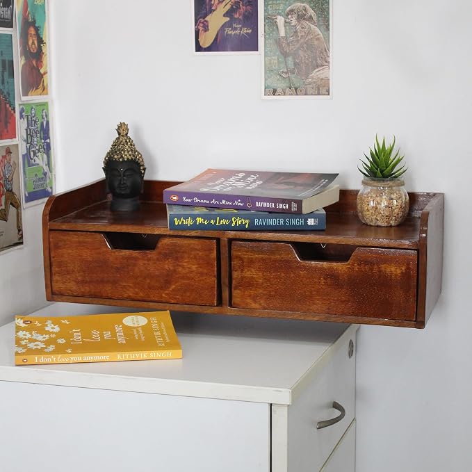 Wooden Desk Organizer with 2 Drawers – Handcrafted Solid Wood Storage Box for Office, Home & Study – Rustic Desktop Organizer for Files, Accessories & Stationery (STYLE 1, BROWN)
