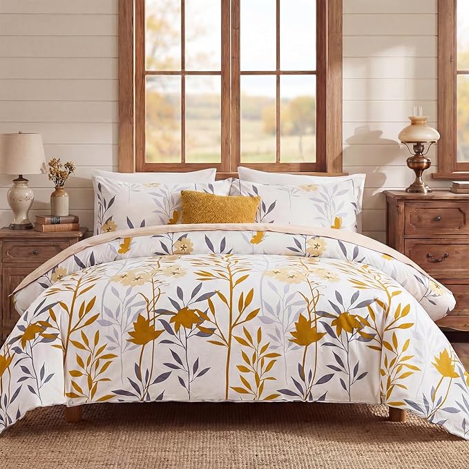 100% Cotton Duvet Cover Set King Size, Yellow Floral Bedding Set 3 Pcs Reversible Lightweight Comforter Cover for All Season(King, Yellow Botanical)