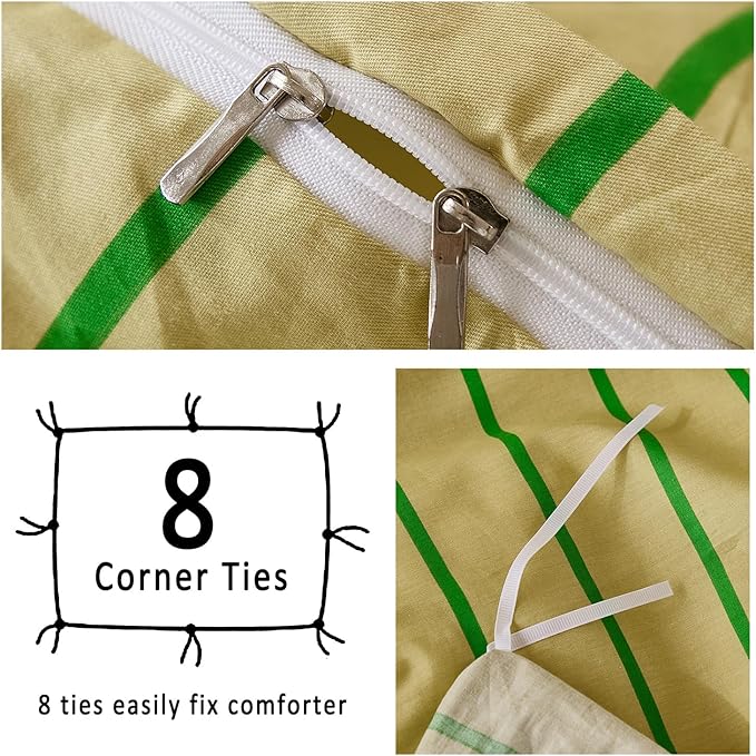 Merryword Striped Duvet Cover Set Queen Size - 100% Cotton Duvet Cover Set, Khaki & Green Stripes Pattern Comforter Cover 3 Pieces, Soft Linen Like Bedding Set for All Seasons