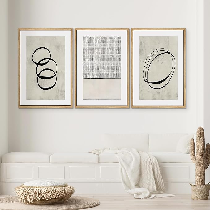 SIGNWIN Framed Canvas Print Wall Art Set Geometric Ring Grid Landscape Graffiti & Street Art Abstract Cozy Neutral Modern Art Decorative Nordic for Living Room, Bedroom, Office - 24"x36"x3 Natural