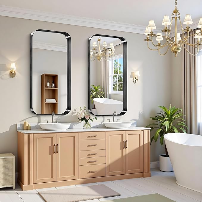 CIRCUMI Black Bathroom Mirror, 24"x48" Rectangular Mirror with Deep Metal Frame, Rounded Corner, Tempered Glass, Large Mirror for Wall, Over 2 Sinks, Installed Vertically/Horizontally, Crystal-Clear
