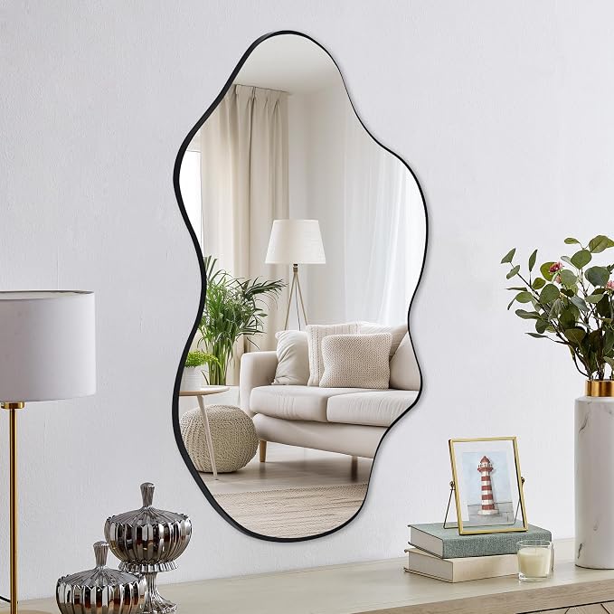 Tanmicoshomy Black Bathroom Mirror 24x36 Inch, Asymmetrical Framed Wall Mirrors with Tempered Glass for Bathroom, Bedroom or Living Room, Vertical or Horizontal Hanging