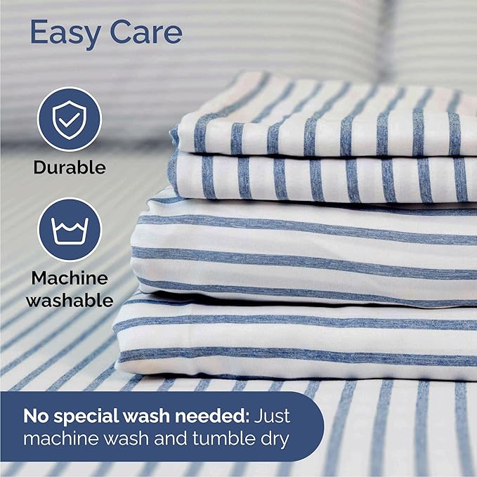 Queen Size 4 Piece Sheet Set - Comfy Breathable & Cooling Sheets - Hotel Luxury Bed Sheets for Women & Men - Deep Pockets, Easy-Fit, Soft & Wrinkle Free Sheets - Blue Stripes Oeko-Tex Bed Sheet Set