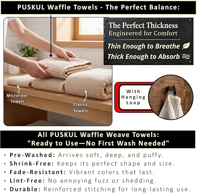 PÜSKÜL 4-Piece Natural 100% Turkish Cotton Luxury Waffle Towels for Bathroom | Premium Honeycomb Weave 2 Hand Towel & 2 Bath Towel Set | Soft Absorbent Quick-Dry Lightweight Towels (Beige)