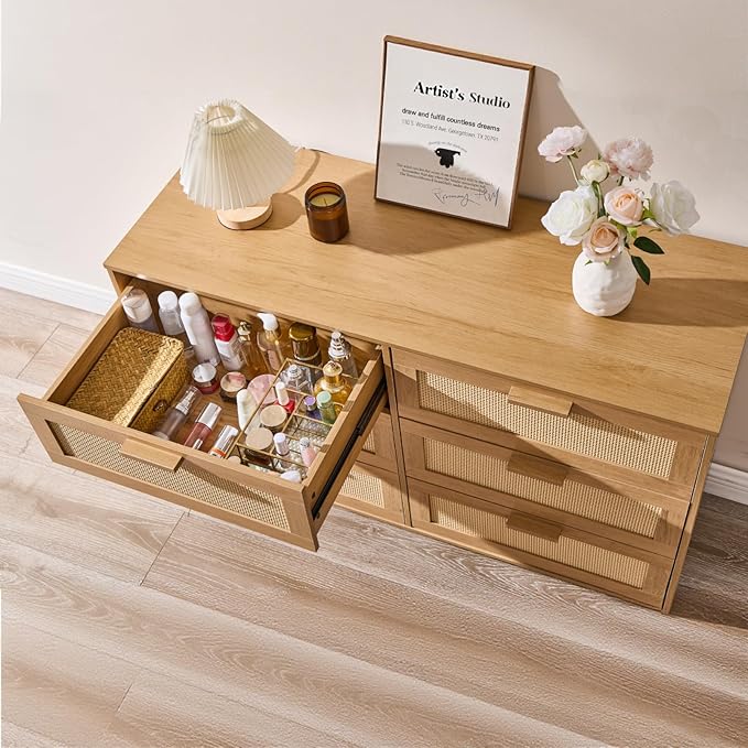 Dresser for Bedroom with 6 Drawers – Wide Chest of Drawers with Pulls Handles, Solid Wood Legs, Easy Assembly, Farmhouse Tall Dressers for Closet, Living Room,Hallway and Entryway Oak