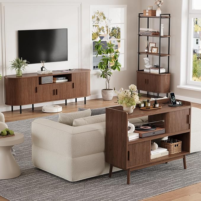 Mid-Century Modern Buffet Sideboard Cabinet with Outlet, 44" Sideboard Buffet Cabinet with Sliding Door & Adjustable Shelves, Fluted Accent Coffee Bar Console Table with Wooden Feet, Walnut