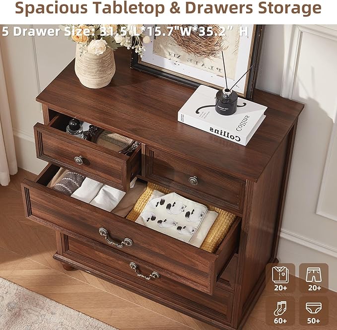 Farmhouse 5 Drawer Dresser Set of 2 for Bedroom, 35" Tall Rustic Chests of Drawers w/ 4 Solid Wood Feet, Mid Century Vintage Wooden Closet Storage Dressers Organizer for Living Room,Brown