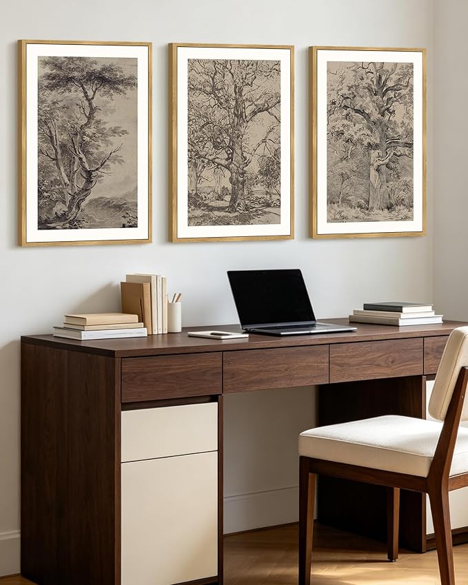 KUVIOKE Vintage Tree Framed Wall Art Retro Antique Forest Drawings Nature Wilderness Sketch Wall Painting Modern Decor 24x36in (Natural Framed)
