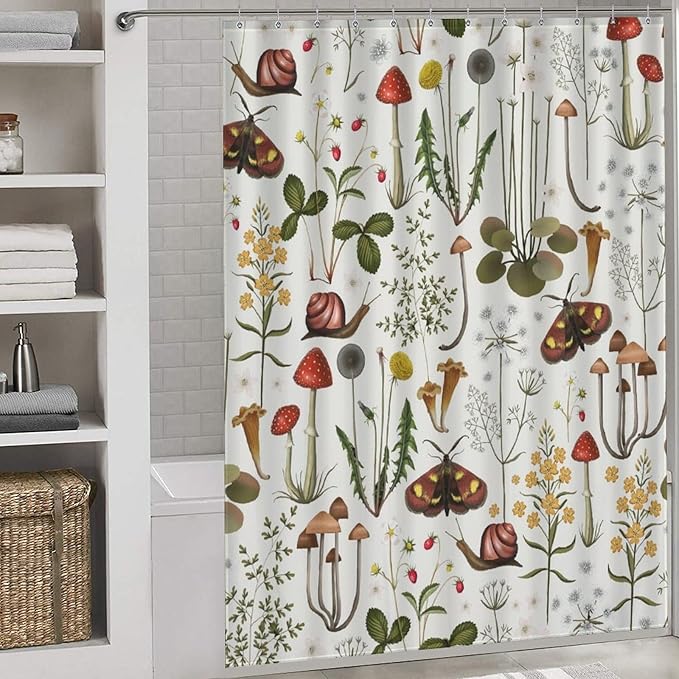 Mushroom Shower Curtain for Bathroom, Farmhouse Country Wild Floral Moth Botanical Mushroom Cottagecore Nature Plants Herbs Waterproof Fabric Shower Curtain Set with Hooks, 72"x78" Inch