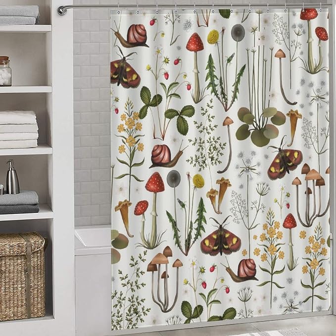 Mushroom Shower Curtain for Bathroom, Farmhouse Country Wild Floral Moth Botanical Mushroom Cottagecore Nature Plants Herbs Waterproof Fabric Shower Curtain Set with Hooks, 72"x84" Inch