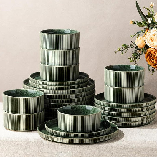 GBHOME 24-Piece Stoneware Dinnerware Set for 8 – Ribbed Ceramic Plates and Bowls, Scratch-Resistant, Microwave & Dishwasher Safe, Reactive Glaze, Dark Green