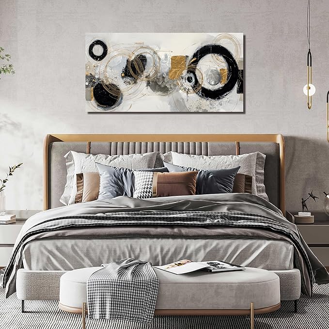 Abstract Circle Canvas Wall Art for Office Modern Wall Decor for Dining Room Black White Gold Pictures Wall Art for Bedroom Size 24 x 48 Inch