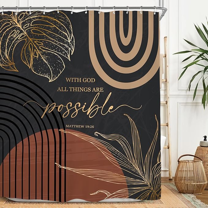Miyotaa Modern Abstract Shower Curtain Set 60Wx71H Inches Black Burnt Orange Minimalist Aesthetic Contemporary Quotes Inspirational Plant Polyester Waterproof Bathroom Curtain with 12 Hooks