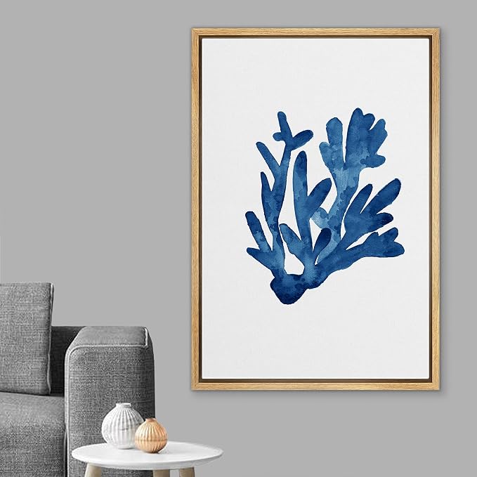 MUDECOR Framed Canvas Print Wall Art Blue Watercolor Underwater Coral Nature Wilderness Illustrations Modern Art Beach Colorful Ultra for Living Room, Bedroom, Office - 16"x24" Natural