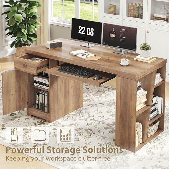 HSH 55 Inch Executive Office Desk with Drawers, Farmhouse Computer Desk with Keyboard Tray and Storage, Rustic Wood Work Study Writing Pc Table Studio Desks Home Workstation with Shelves and Cabinet