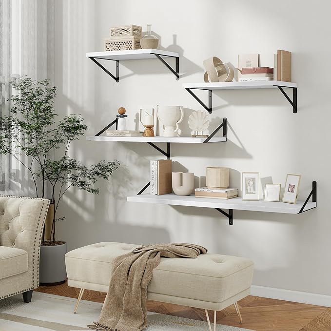 Floating Shelves, 12 Inch Deep Rustic Wood Wall Storage, 16W x 12D Wall Shelves Set of 2, Heavy Duty Metal Brackets, Large Industrial Book Shelf for Living Room, Kitchen, Bedroom, White