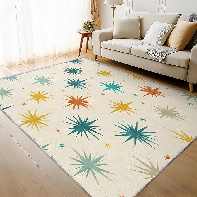 Mid Century Modern Rugs for Living Room Decor, 5x6 ft, Retro Starburst Atomic Area Rugs for Bedroom, Soft Non Slip Washable Geometric Sunburst Carpet Home Decorations D-g48