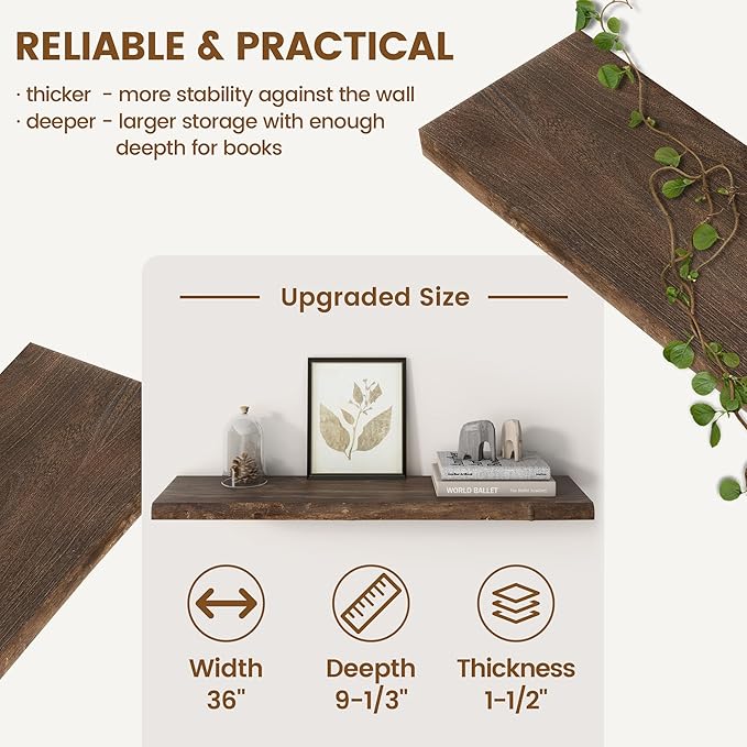 Reclaimed Elm Wood Floating Shelves for Wall, Live Edge 36"W x 9.2"D x 1.4"H, Set of 2 with Invisible Bracket, Wall Mounted Shelves for Living Room Bedroom Kitchen Bathroom Decor, Walnut Finish