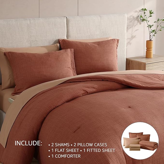 Geniospin Queen Size Comforter Set- 7 Pieces Terracotta Textured King Bedding Set, Soft Solid Bed in a Bag for All Seasons, Fall Comforter Set with Sheets