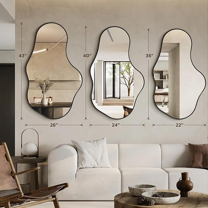 Irregular Wall Mirror - Wall Mirrors Decorative 22"x 36" Asymmetrical Abstract Mirror Aviation Aluminum Alloy Frame Unique for Bathroom, Bedroom, Living Room, Cloakroom, Entryway Black