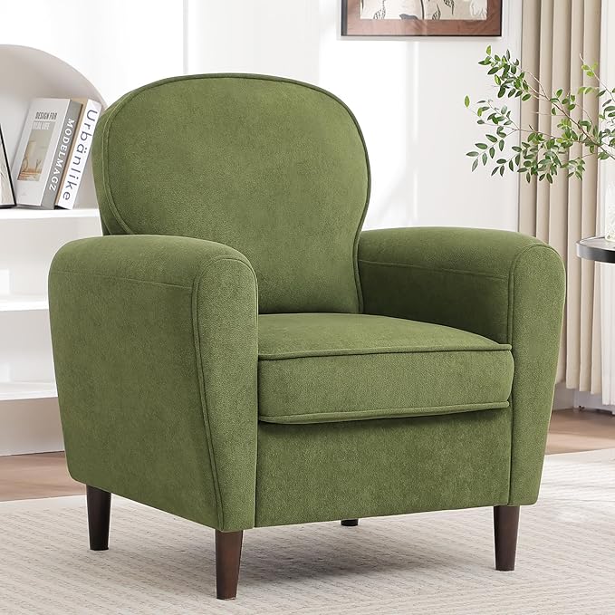 Accent Chair, Mid Century Modern Arm Chair with Thick Cushion and Back, Comfy Upholstered Reading Chair Single Sofa Chair for Living Room, Bedroom, Club, Green