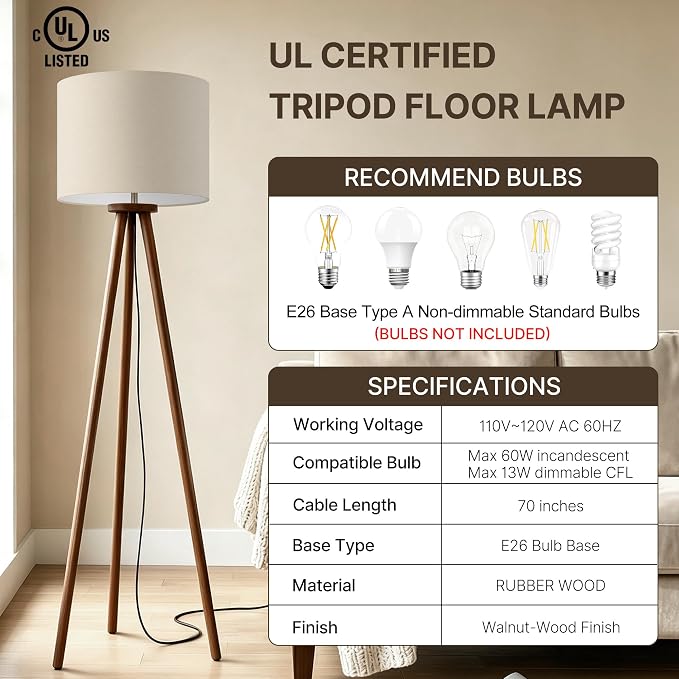 Buruis 60.6" Solid Wood Tripod Floor Lamp with 15.7" Large Linen Shade, Mid-Century Walnut Finish Standing Lamp for Living Room, Bedroom, Office, Corner, UL Listed, Bulb Not Included, Beige