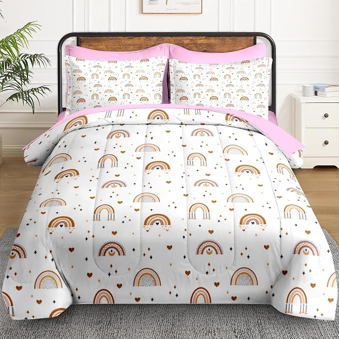 WeCozy 7 Pcs Full Size Comforter Set with 2 Pillowcases & 2 Shams, Cute Boho Rainbow Bedding for Kids and Adults, Cartoon Bohemian Nursery Bed in a Bag with Flat Fitted Sheet