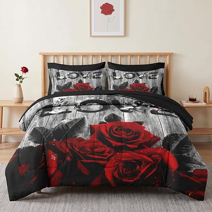 WeCozy 7 Pcs Queen Size Comforter Set with 2 Pillowcases & 2 Shams, Red Rose Flower Bedding for Kids and Adults, Vintage Woodboard Wood Grain Bed in a Bag with Flat Fitted Sheet