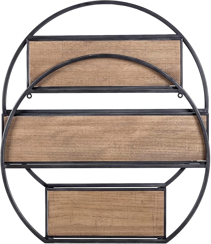 Industrial Style Semi-Circle Shaped Wall Shelves, 3 Tier Decorative Floating Ledge Shelves, Wall Mounted Metal Bracket Wooden Display Hanging Shelf