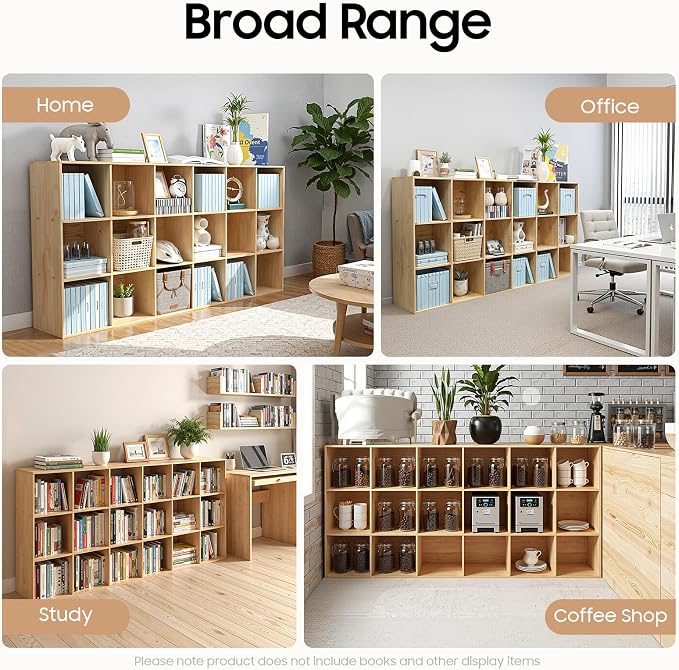 15-Cube Pine Wood Storage Organizer, Solid Wooden Bookshelf with Back Panel, 11in Shelf Opening Bookcase, Freestanding for Living Room, Bedroom, Office (59.1 x 11.8 x 35.4in)