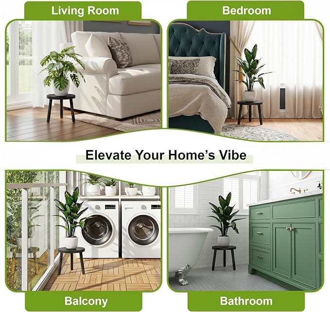 Delma Wood Plant Stands Indoor, 3-Pack Single Plant Stand for 7-10 Inch Pots, Mid-Century Modern Plant Stool, Tall Plant Stand for Large Plants for Living Room, Balcony, Office (Black, 3-Pack)