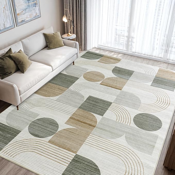 Large Machine Washable 4x6 Area Rug, Soft Modern Geometric Abstract Beige Rugs for Bedroom Living Room, Non-Shedding Faux Wool Indoor Throw Floor Carpet for Office Entryway Dining Room Decor