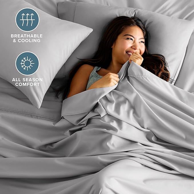 Bare Home Short Queen Sheet Set - 1800 Ultra-Soft Microfiber Bed Sheets - Double Brushed - Deep Pockets - Easy Fit - 4 Piece Set - Bedding Sheets & Pillowcases (Short Queen, Light Grey)