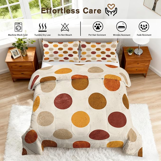Polka Dot Queen Size Comforter Sets 3 Piece, Retro Geometric Printed Pattern, Soft All Season Bed Comforter & 2 Pillow Sham, Polka Dots Bedroom Decor Reversible Bedding D-GM9