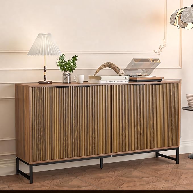 Fluted Accent Storage Cabinet, Kitchen Sideboard Buffet with 4 Fluted Doors, Adjustable Shelves for Living Room, Dining Room, Hallway (Walnut)