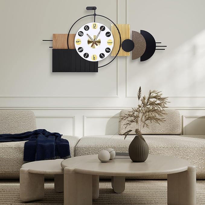 Luxury Modern Wall Clocks-Large Geometric Dial Wall Clock Battery Operated,Wood Metal Frame Big Clock Silent Non Ticking for Living Room, Bedroom,Kitchen,Office -42X21.6 Inch